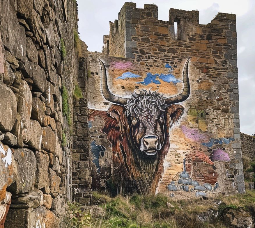 Modern graffitti of a Heilen coo on Mabon's castle walls