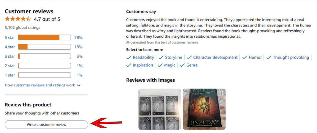 The Amazon reviews section highlighting the Write a customer review button with a Red arrow pointing at it.