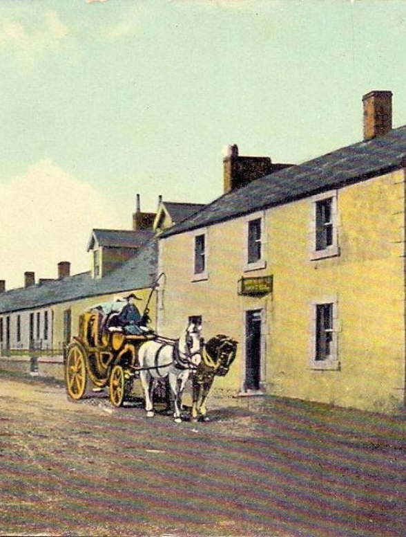 18th century postcard of a horse drawn carriage outside a pub