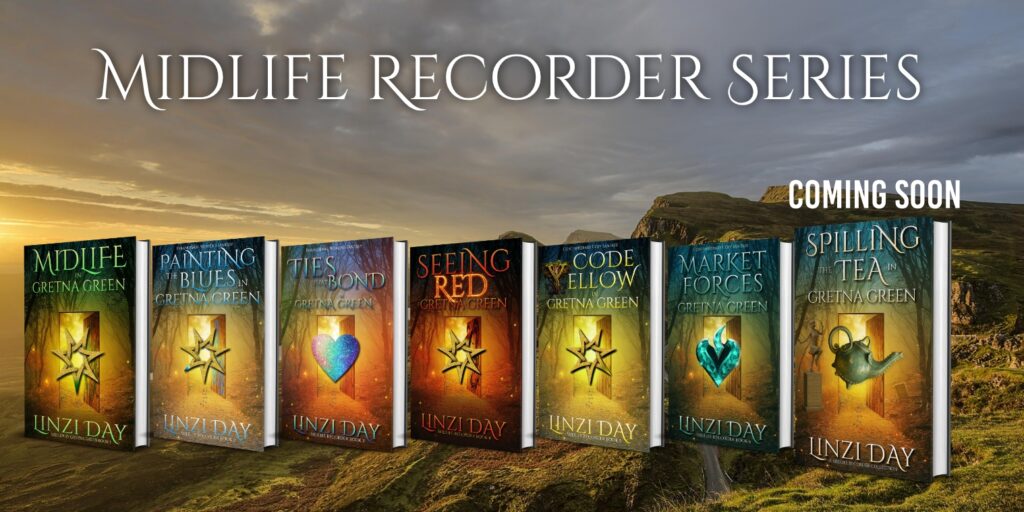 The Midlife Recorder series by Linzi Day All the currently published covers displayed over a Scottish landscape