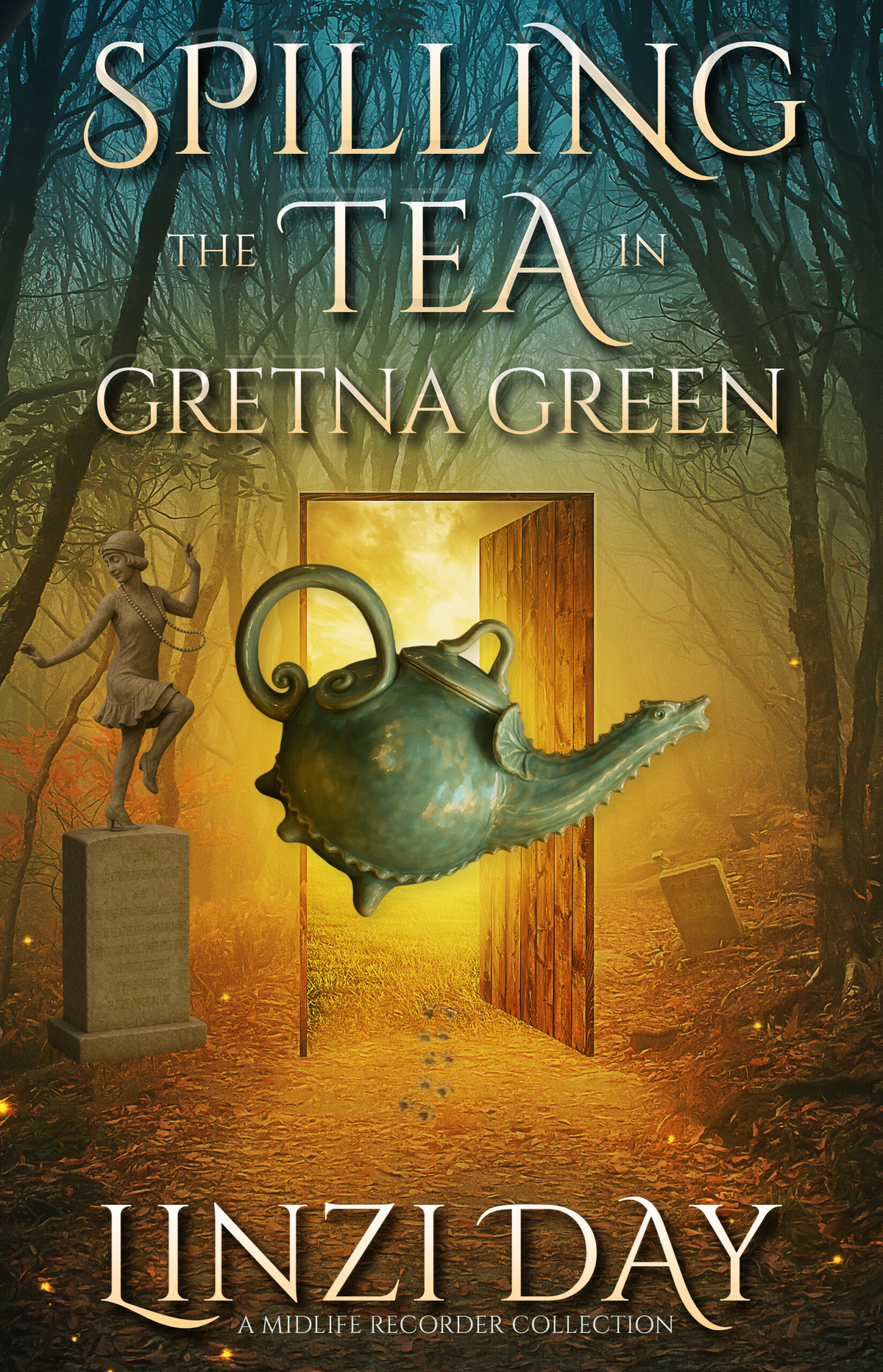 The cover for Spilling the Tea in Gretna Green by Linzi Day. A companion book of short stories for the Midlife Recorder Series.