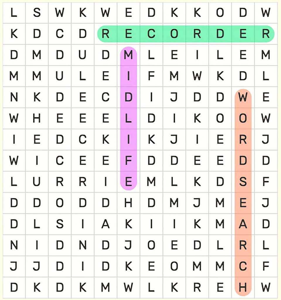 Word search with Midlife, Recorder and Wordsearch highlighted