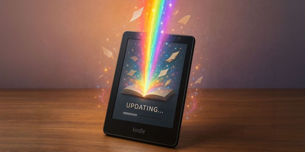 A Kindle being updated by rainbow coloured magical power