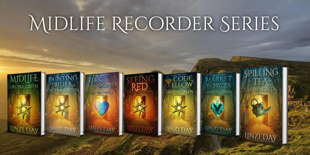 The Midlife Recorder series by Linzi Day All the currently published covers displayed over a Scottish landscape
