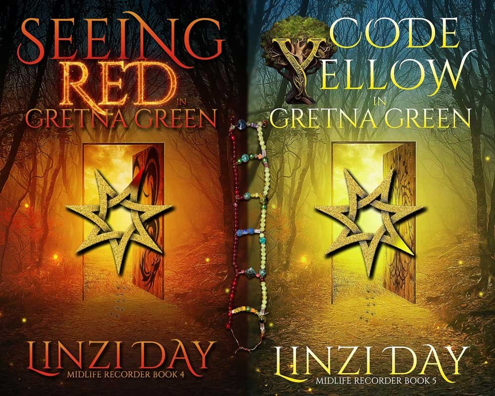 The covers for Seeing Red and Code Yellow joined together with the beads.