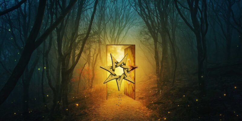 The background from the cover of Half an Orange in Gretna Green by Linzi Day. Showing a door in the middle of the woods and a gold star with one deformed point.