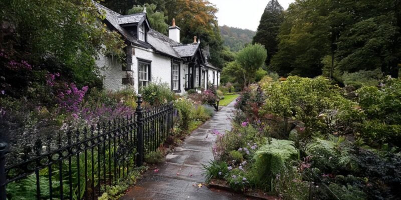Stone cottage with a slate roof surrounded by colourful gardens, trees, and a winding path in the Scottish countryside.