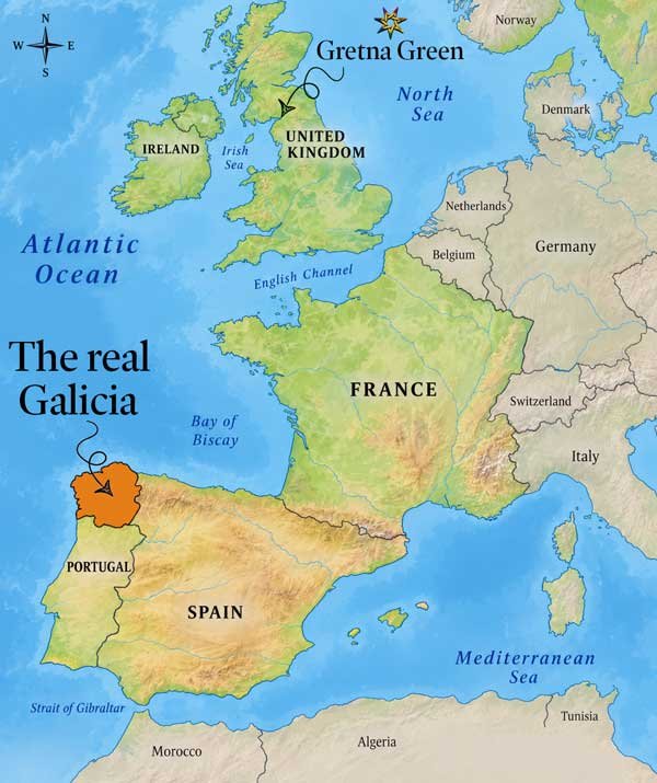 A map showing where Galicia is on the top left of Spain.